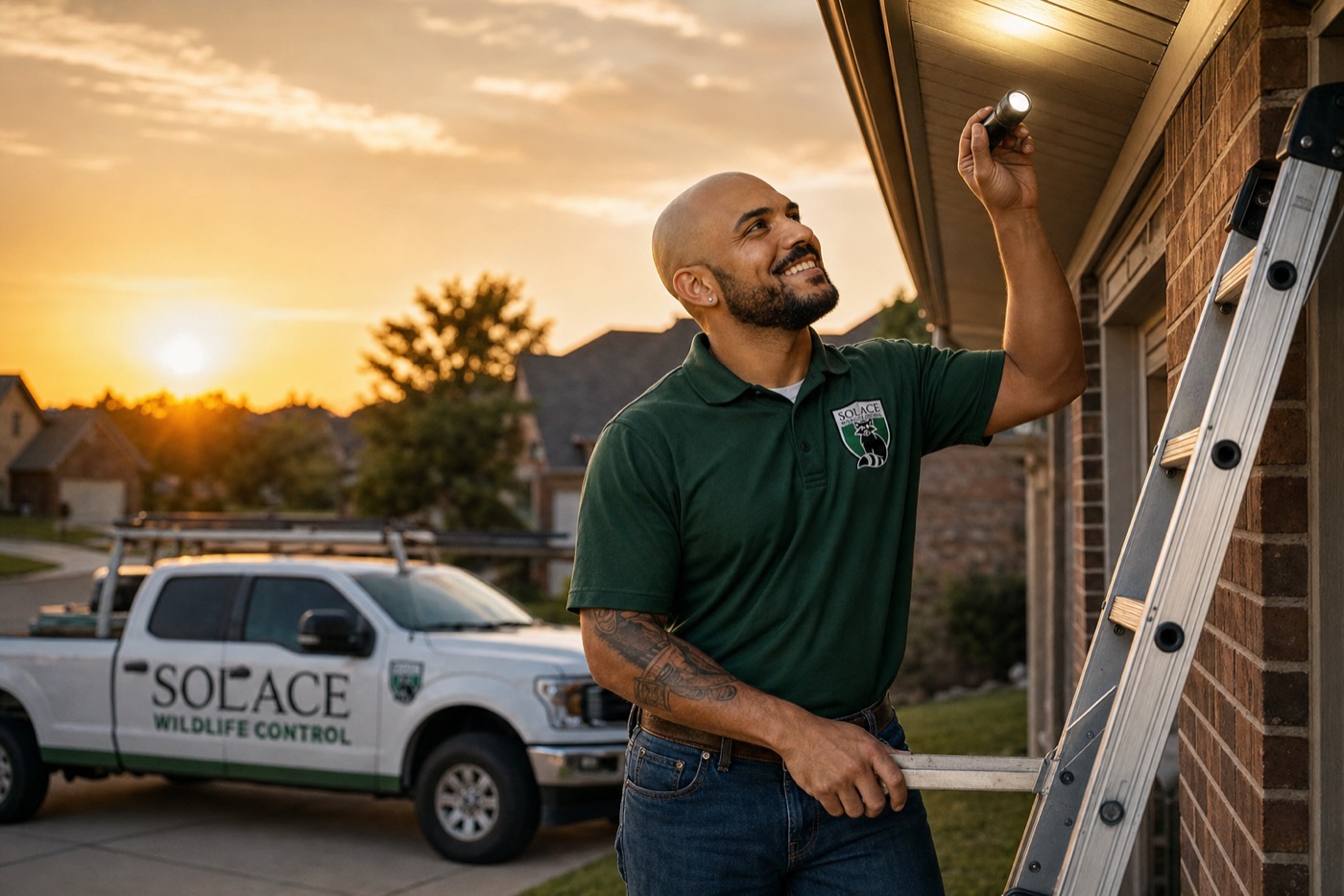 Solace technician inspecting a roofline