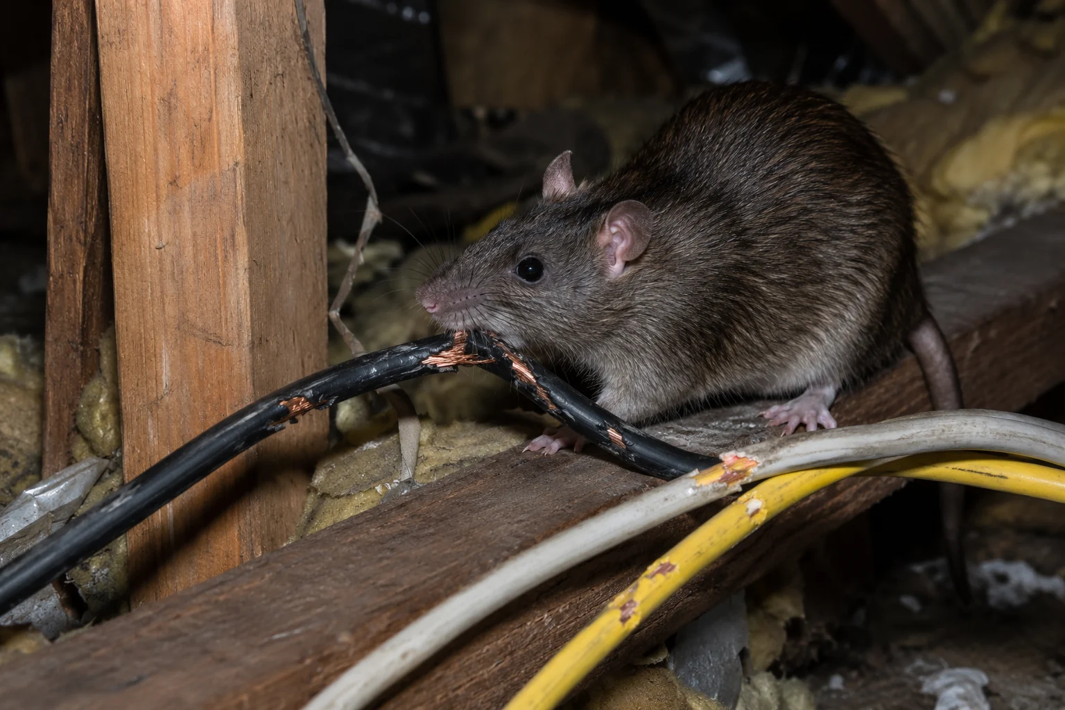 Rat chewing electrical wires in an attic
